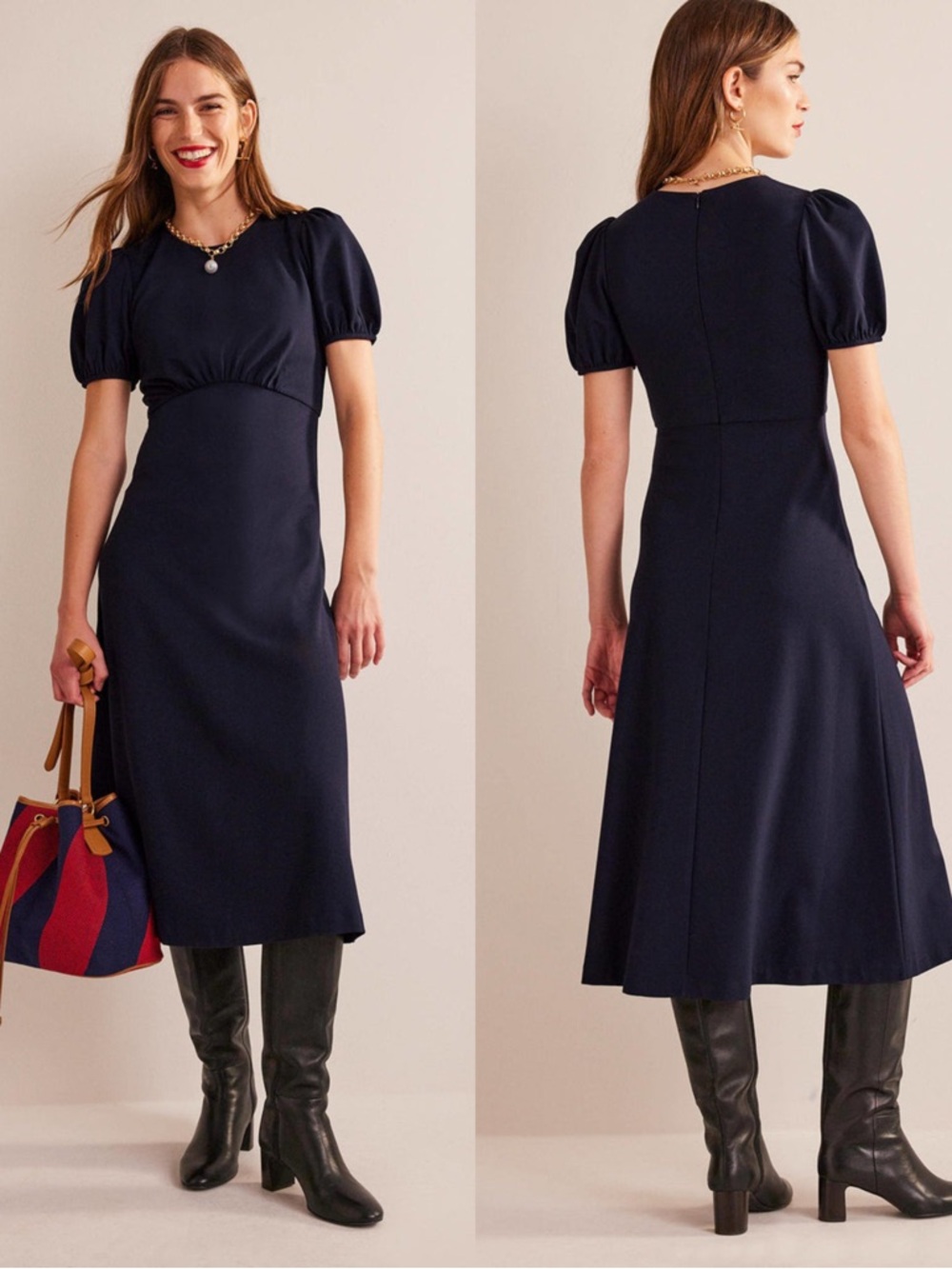 Boden Nancy Ponte Midi Dress Navy Size 12 Puff Sleeve Empire Waist MSRP $150